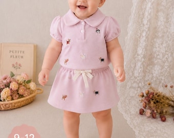 Sommaroutfit för babyflicka, djurbroderad topp, veckad kjol, preppy småbarnskläder