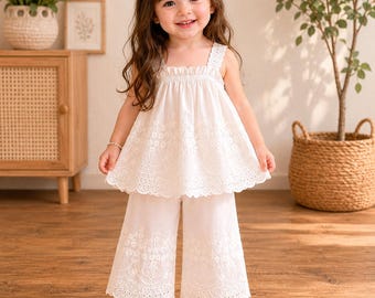 Sommaroutfit för babyflicka, set med blommig broderad chiffongtopp och byxor