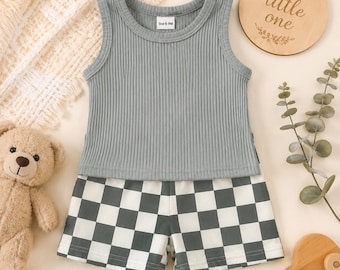 Baby Summer Outfit Set, Gray Sleeveless Vest & Checkerboard Shorts, Unisex Toddler 2 Piece Clothes, Casual Infant Gift