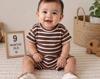 Baby Boy Brown Stripe Summer Outfit, 2-Piece Casual Short Set