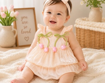 Rosa tulpanklänning med 3D-blommor, babyflicka prinsessbody