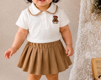 Baby Girl Bear Embroidered T-Shirt and Pleated Skirt Set, Summer Toddler Clothes