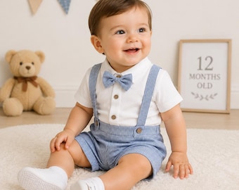 Baby Boy Gentleman Outfit, Shirt Romper, Bow Tie, Suspender Shorts, Summer Formal Clothing