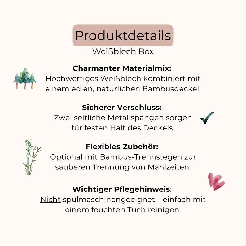 May include: A white tin box product information card with text in German. It lists features including a bamboo lid, two side metal clasps for secure closure, optional bamboo dividers for food separation, and cleaning instructions for hand washing only.