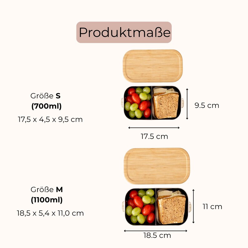 May include: Two rectangular lunch boxes with bamboo lids and black containers, shown in size S (700ml, 17.5 x 4.5 x 9.5 cm) and size M (1100ml, 18.5 x 5.4 x 11.0 cm). The containers are filled with grapes, tomatoes, and bread slices. Text: Produktma&szlig;e.