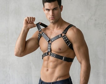 Men's Adjustable Faux Leather Chest Harness, Edgy Body Belt, Masculine Strap Accessory