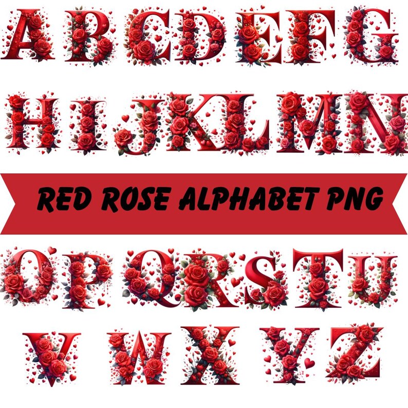 Red Roses Block Letters Red Rose Alphabet PNG Bundle | Floral Letter PNG Set | Vintage Rose ...