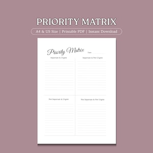Matrice des priorités imprimable | Matrice d'Eisenhower | Organiseur de tâches | Planificateur de productivité | Gestion du temps | Téléchargement instantané | Liste des tâches