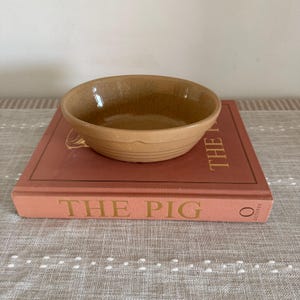 Könnte beinhalten: Eine kleine, beige Keramikschale mit Craquelé-Glasur liegt auf einem Buch mit dem Titel "THE PIG". Die Schale hat eine einfache, abgerundete Form mit horizontalen Linien am Boden. Das Buch hat eine gedämpfte rot-orange Farbe.