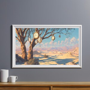 May include: A framed art print showing a surreal desert scene with a tree decorated with antique pocket watches. The artwork uses a warm colour palette of tan, brown, and blue, with a bright sky and distant mountains. The print is in a white frame.