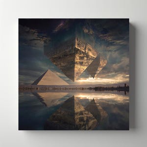 May include: A surreal digital art print featuring a pyramid and geometric structures reflected in water. The artwork has a dark, moody sky with a sunset and a city skyline in the distance. The color palette includes shades of brown, blue, and gold.