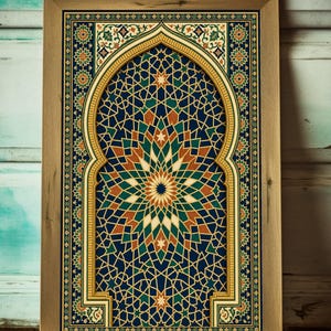 May include: A framed print featuring a geometric Islamic design. The artwork showcases a symmetrical pattern in shades of blue, green, orange, and gold, set against a dark blue background. The frame is made of wood.