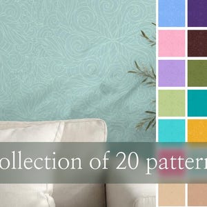 May include: A teal wallpaper with a white swirling leaf pattern is shown next to a colour palette of 20 solid colours. The text "Collection of 20 patterns" is displayed across the bottom of the image. A white sofa is in the foreground.