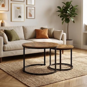 Moderne Runde Couchtisch Set 2 Stück Nesting Holz und Metall Wohnzimmer Mitteltische