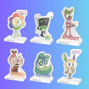 Może przedstawiać: Sześć akrylowych figurek postaci z kreskówek. Każda figurka stoi na przezroczystej podstawie. Postacie obejmują kwiat z napisem "Dandy's World", postać z głową telewizora o imieniu "Vee", postać truskawki o imieniu "Sprout", postać o imieniu "Shrimpo", postać o imieniu "Squirm" i postać o imieniu "Looey".