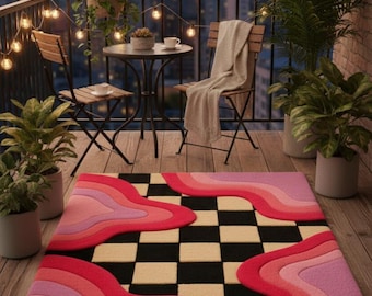Alfombra abstracta rosa con diseño de ondas, tejida a mano, estilo contemporáneo, con estampado de cuadros.