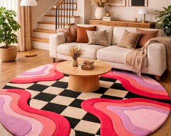Alfombra redonda rosa con diseño de ondas, tejida a mano, estilo contemporáneo, con estampado de cuadros.