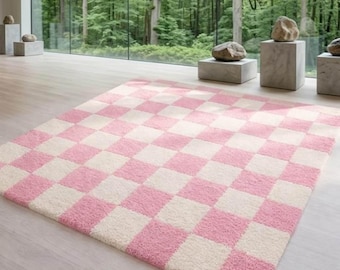 Premium Soft Plush Pink & Ivory Checkered Area Rug – Modern Minimalist Designer Carpet