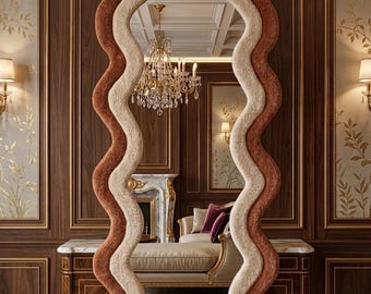 Handmade Tufted Mirror Rug, Terracotta Cream Wavy Wall Decor Accent