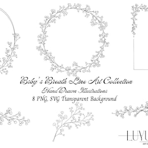 May include: A collection of black line art illustrations featuring baby's breath floral elements, including circular and rectangular frames, individual sprigs, and a bouquet. The text reads: Baby's Breath Line Art Collection Hand Drawn Illustrations 8 PNG, SVG Transparent Background LUYU ART STUDIO.