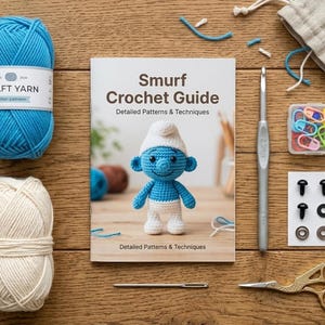 May include: A craft kit with blue and white yarn, a crochet hook, stitch markers, and a "Smurf Crochet Guide" book. Includes a crocheted Smurf figure and supplies on a wooden surface.