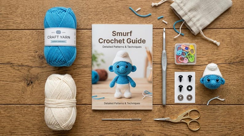 May include: A craft kit with blue and white yarn, a crochet hook, stitch markers, and a "Smurf Crochet Guide" book. Includes a crocheted Smurf figure and supplies on a wooden surface.