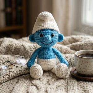 May include: A crocheted Smurf doll with a white hat and blue body sits on a textured blanket next to a cup of coffee and eyeglasses. The coffee cup is on a wooden coaster. A bookshelf is in the background.