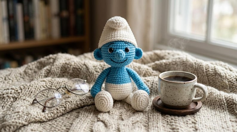May include: A crocheted Smurf doll with a white hat and blue body sits on a textured blanket next to a cup of coffee and eyeglasses. The coffee cup is on a wooden coaster. A bookshelf is in the background.
