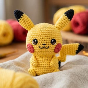 May include: A handmade crochet Pikachu doll in yellow, black, and red. The plush toy features black-tipped ears, red cheeks, and a black zig-zag tail. The doll is sitting on a neutral-colored fabric.