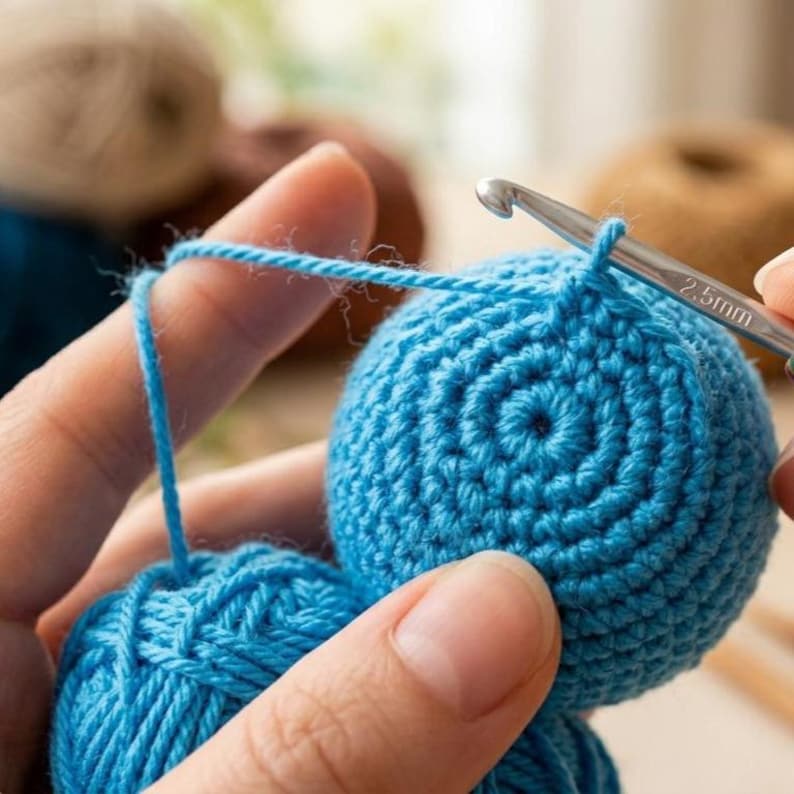 May include: Close-up of a crochet project in progress. A blue crocheted sphere is being worked on with a silver crochet hook. The hook is inserted into the blue yarn, and the project is held by a person's hand. The hook is labeled "2.5mm".