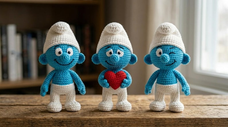 May include: Three handmade crochet Smurf figurines. Each Smurf is blue with white pants and a white hat. One Smurf holds a red heart. The figurines are displayed on a wooden surface.