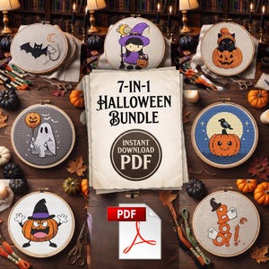 May include: A 7-in-1 Halloween cross stitch pattern bundle featuring seven circular embroidery hoops with designs of a bat, a witch, a cat in a pumpkin, a ghost with a balloon, a crow on a pumpkin, a jack-o'-lantern, and the text BOO.