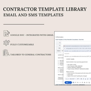 May include: A beige graphic with the text "CONTRACTOR TEMPLATE LIBRARY EMAIL AND SMS TEMPLATES." Icons and text describe features: Google Doc integration, fully customizable, and tailored to general contractors. A sample email template is displayed.