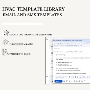 Pode incluir: Biblioteca de modelos HVAC para e-mail e SMS. A imagem mostra um Google Doc que se integra com o Gmail, é totalmente personalizável e adaptado às necessidades de HVAC. Um exemplo de lembrete por e-mail é visível.