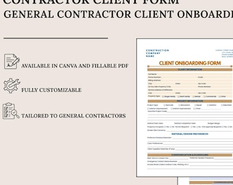 General Contractor Client Onboarding Form | Canva Template + Fillable PDF | Digital Download