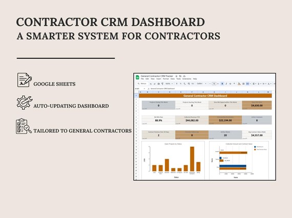 Contractor CRM Dashboard | Google Sheets | Pipeline + Jobs + Revenue