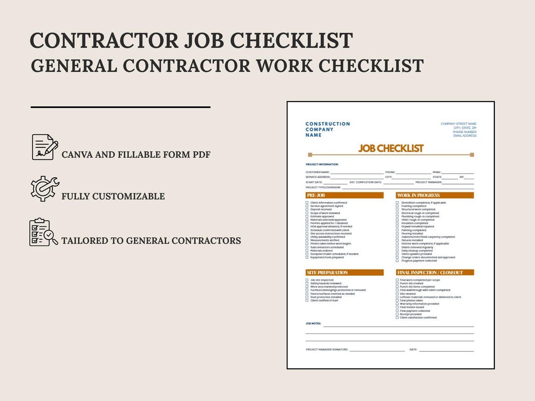 Construction Job Folder Checklist Example Contractor Job Checklist Template | Canva Template + Fillable PDF ...