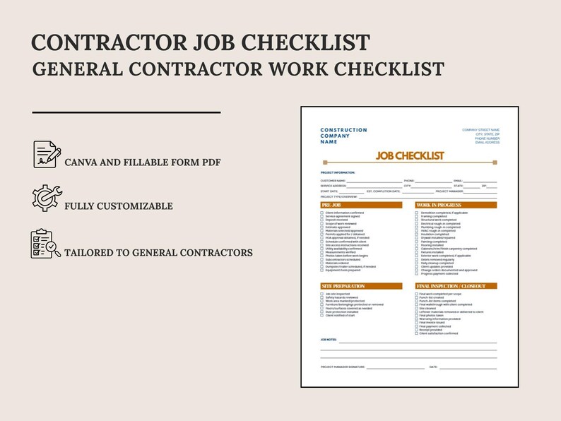 Contractor Job Checklist Template | Canva Template + Fillable PDF ...