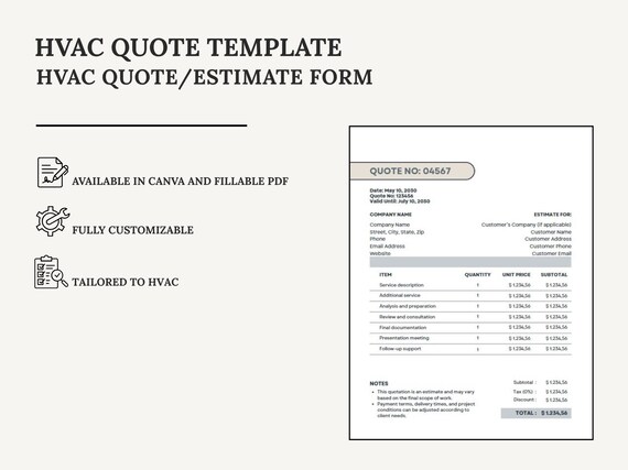 HVAC Estimate / Quote Template | Canva Template + Fillable PDF | Digital Download