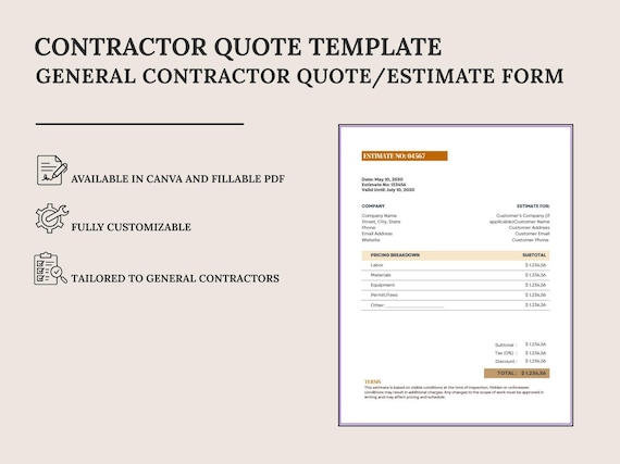 Contractor Estimate / Quote Template | Canva Template + Fillable PDF | Digital Download