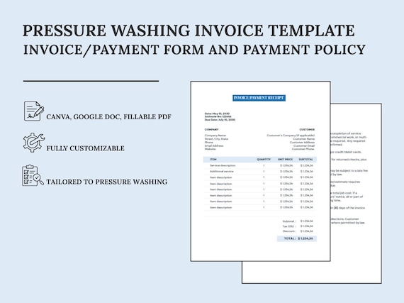 Pressure Washing Invoice + Payment Policy Templates | Canva + Google Doc + Fillable PDF