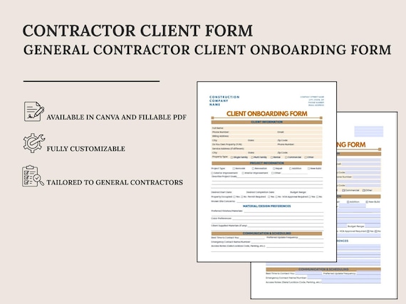 General Contractor Client Onboarding Form | Canva Template + Fillable PDF | Digital Download