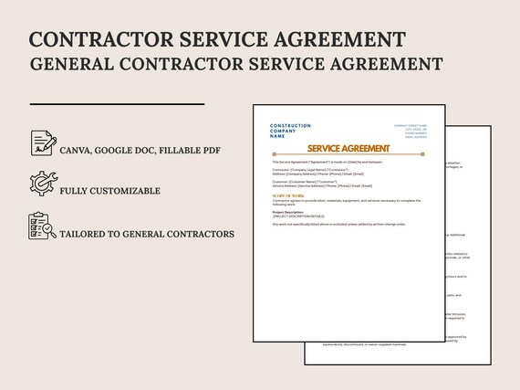Contractor Service Agreement Template | Canva + Google Doc + Fillable PDF