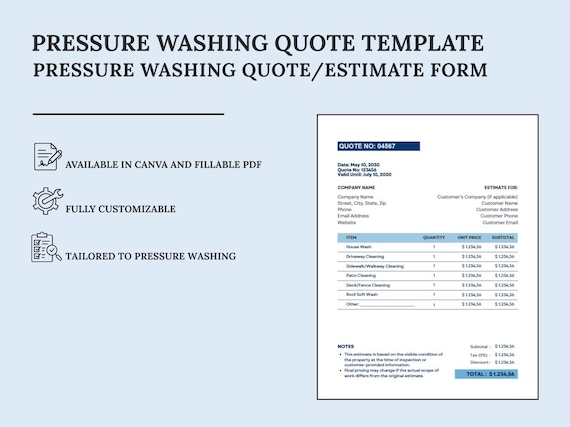 Pressure Washing Estimate / Quote Template | Canva Template + Fillable PDF | Digital Download