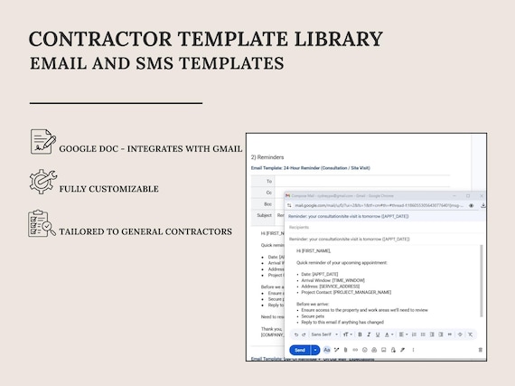 Contractor Email + SMS Templates Library | Google Doc | Updates + Reviews + Past Due