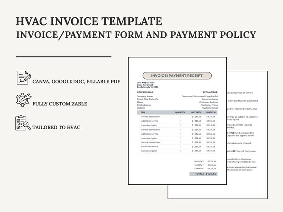 HVAC Invoice + Payment Policy Templates | Canva + Google Doc + Fillable PDF