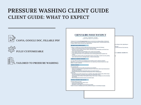Pressure Washing Client Guide “What to Expect” | Canva + Google Doc + Fillable PDF