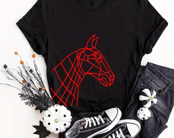 Geometrisches Pferde-T-Shirt, modernes minimalistisches Linienkunst-Pferde-T-Shirt, abstrakte Polygon-Pferdekopf-Silhouette-Grafik-Top