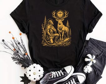 St. Hubertus-Hirsch-Shirt, katholische Kleidung, T-Shirt mit der Legende des Heiligen Hubertus, Schutzpatron der Jäger, Geschenk für christliche Väter, Jäger-T-Shirt