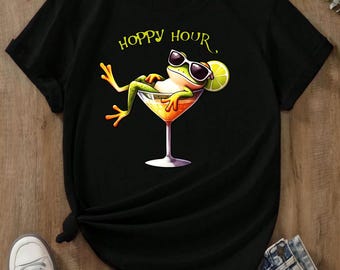 Hoppy Hour T-Shirt Entspannendes cooles Frosch-Weinglas Neuheit Trending Lustiges Kostüm Neueste Unisex Erwachsene Kinder Top Shirt